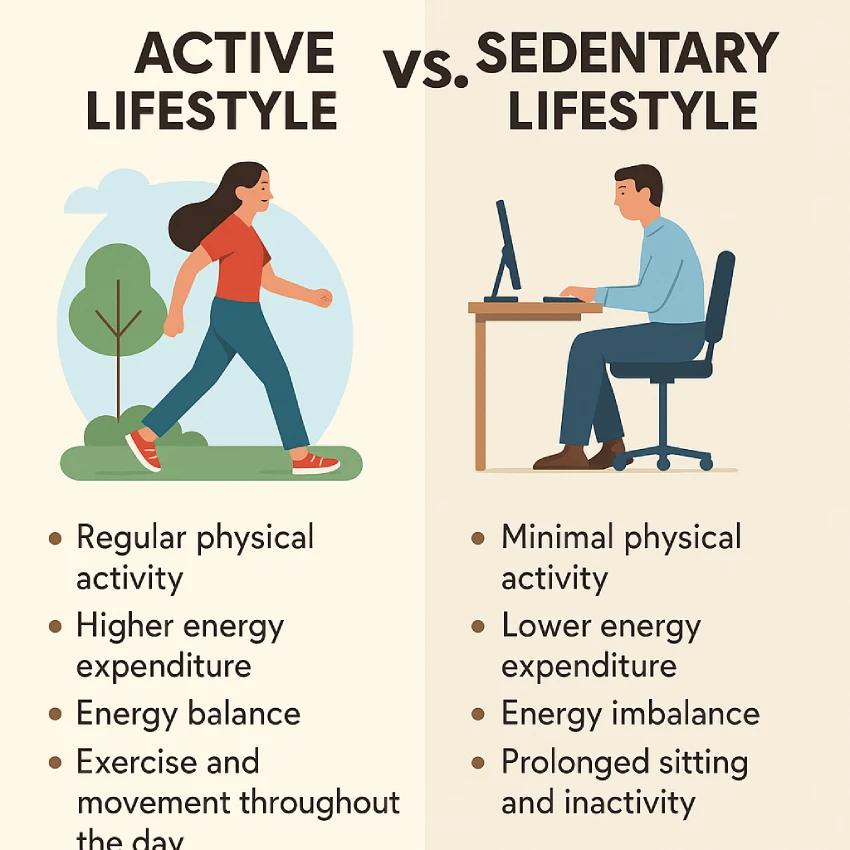 Infographic comparing an active lifestyle and a sedentary lifestyle. Left side shows a woman walking outdoors with points like regular physical activity, higher energy, energy balance, and daily movement. Right side shows a man sitting at a desk with points like minimal physical activity, lower energy, energy imbalance, and prolonged sitting.