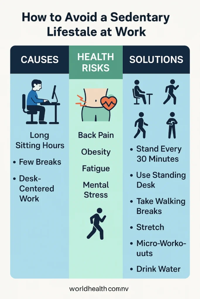 Infographic titled 'How to Avoid a Sedentary Lifestyle at Work,' showing causes such as long sitting hours and few breaks, health risks like back pain and obesity, and solutions including standing every 30 minutes, using standing desks, walking breaks, stretching, micro-workouts, and drinking water.