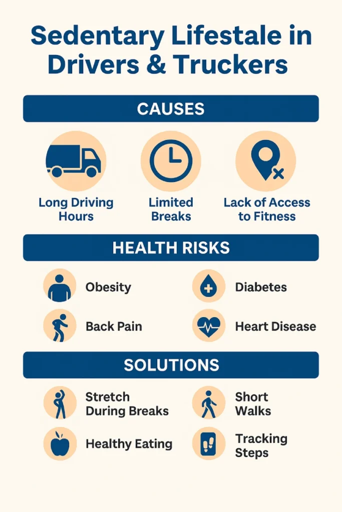 Infographic titled 'Sedentary Lifestyle in Drivers & Truckers' showing causes like long driving hours and limited breaks, health risks including obesity and diabetes, and solutions such as stretching, walking, healthy eating, and tracking steps.