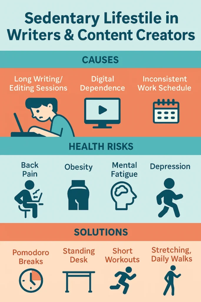Infographic titled 'Sedentary Lifestyle in Writers & Content Creators' showing causes such as long writing sessions, digital dependence, and inconsistent schedules; health risks including back pain, obesity, and mental fatigue; and solutions like Pomodoro breaks, standing desks, stretching, and daily walks.