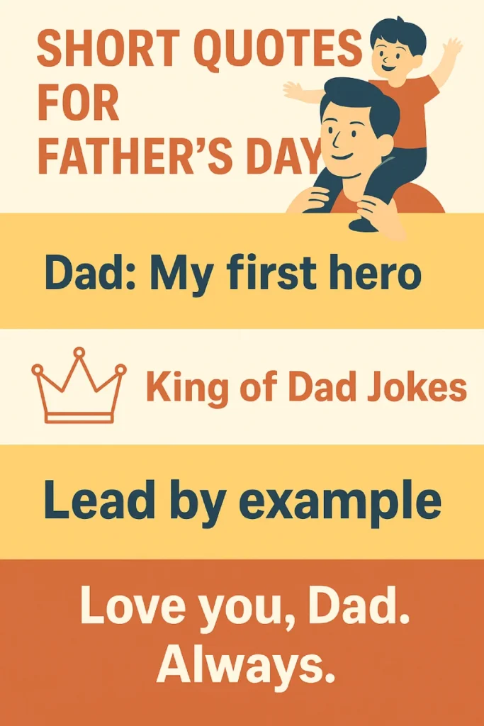 Infographic showing short Father’s Day quotes under 10 words, including heartfelt, funny, and social media-ready one-liners, ideal for cards, gifts, and Instagram.