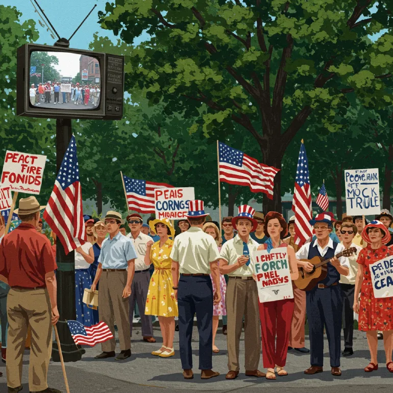 Historical illustration of a 1960s Fourth of July, showing a diverse crowd with both American flags and civil rights/peace protest signs, a television displaying both parades and dissent, and hints of counterculture and folk music.