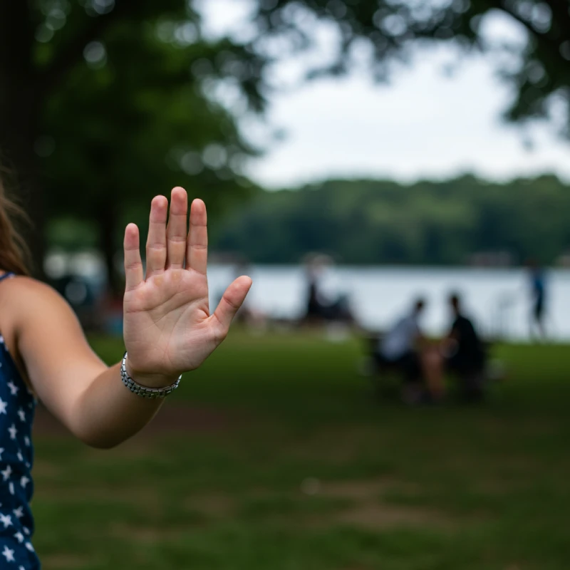 A serene image symbolizing setting boundaries, perhaps a hand gently stopping, with a peaceful individual in a calm setting distinct from a distant, blurred, noisy 4th of July celebration, conveying strength and personal peace.