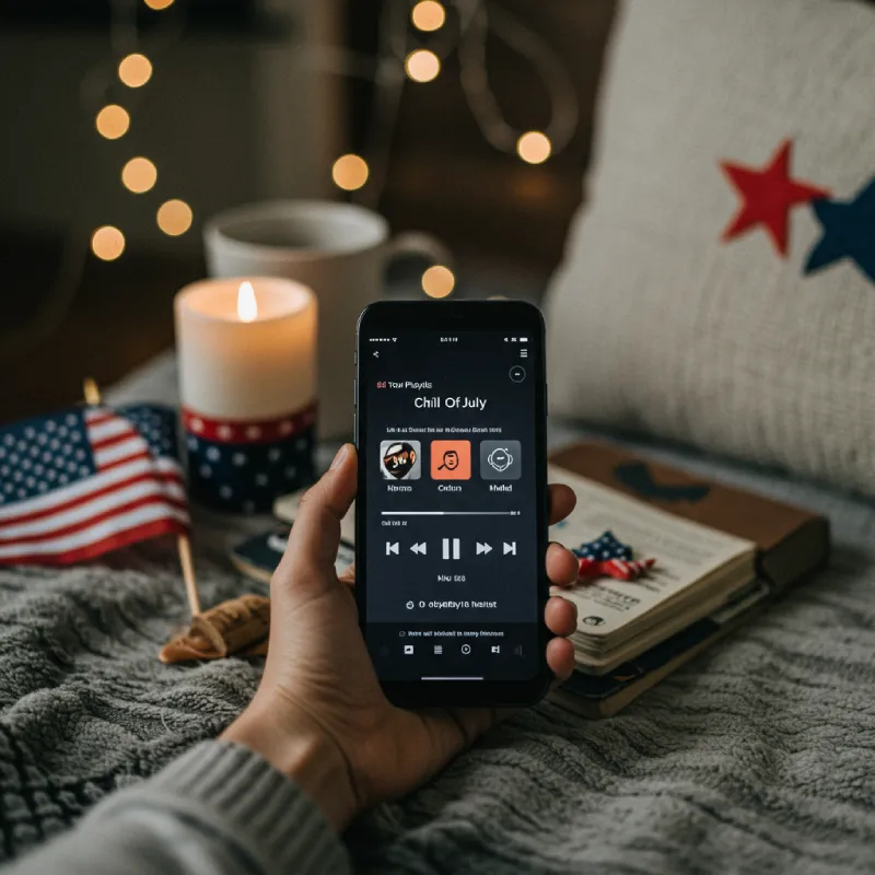 A serene image of a smartphone displaying a music app with a 'chill' 4th of July playlist, in a cozy, minimalist setting with subtle patriotic decor, emphasizing peace and introspection.