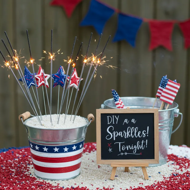 A vibrant DIY sparklers station for 4th of July, featuring a decorative bucket holding sparklers, a cute 'Grab a Sparkle!' sign, and a visible water bucket for safety, conveying a kid-approved, insta-worthy, and festive atmosphere.