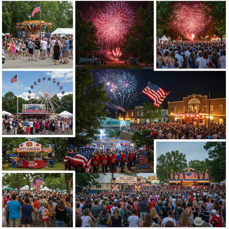 A dynamic montage illustrating various 4th of July economic benefits: a lively local fair with rides and vendors, a professional fireworks show with a large crowd, and historical reenactments, conveying community engagement, increased visitor spending, and diverse income streams for small towns.