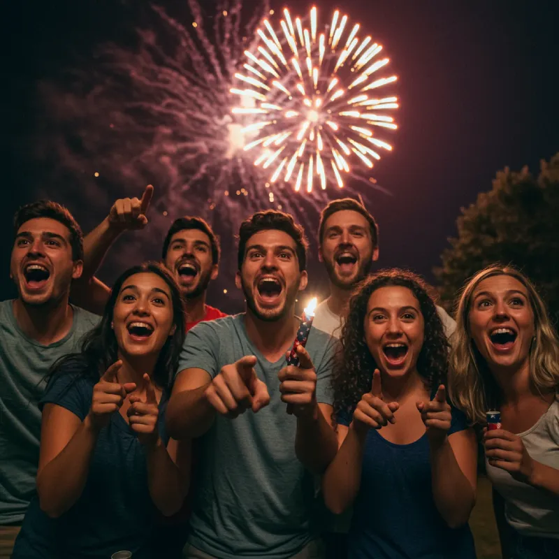 Excited friends or family counting down to a 4th of July firework launch at night, with an unlit firework in the foreground and blurred, vibrant explosions in the distance, conveying anticipation, energy, and joy.