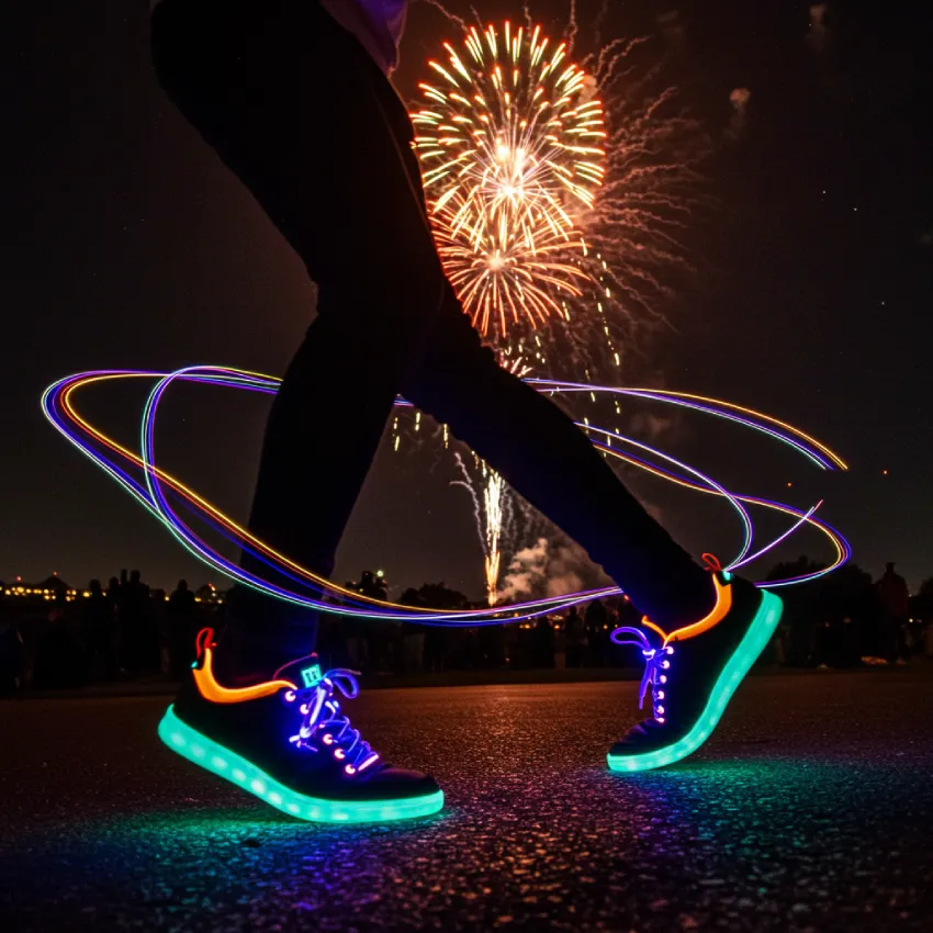 Dynamic image of feet in glow-in-the-dark shoes creating light trails while dancing under a vibrant 4th of July fireworks display at night, conveying fun, movement, and an energetic, social media-worthy moment.