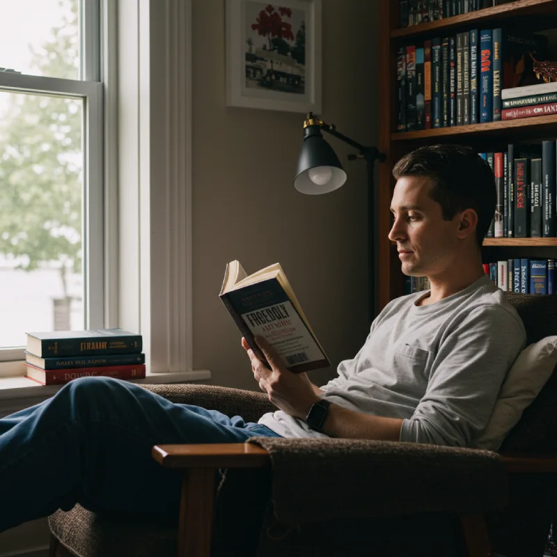 A serene image of a person quietly reading a book exploring freedom, in a cozy setting with soft lighting and subtle patriotic accents, ideal for an introvert's 4th of July celebration.