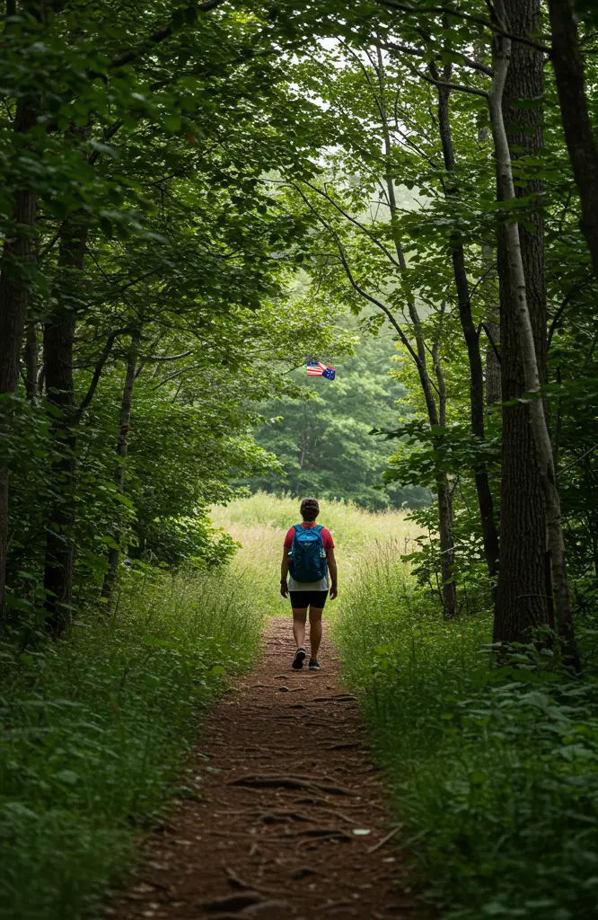 A serene image of a person on a solo nature walk on the 4th of July, amidst lush greenery. The scene conveys peace, solitude, and subtle patriotism with a distant American flag, emphasizing calm reflection over loud celebrations.