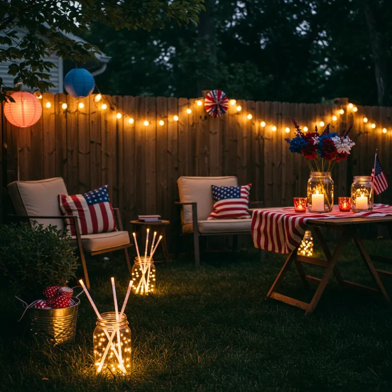 A magical 4th of July backyard setting illuminated with festive LED fairy lights on fences and trees, glowing mason jars along pathways, and a red, white, and blue backdrop with flags, conveying a vibrant and aesthetic celebratory mood.