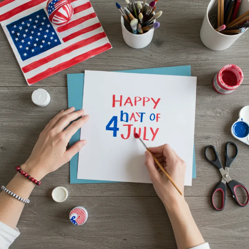 Hands quietly creating patriotic art for 4th of July, with red, white, and blue elements or American flag motifs. Conveys mindful celebration, personal expression, and a peaceful DIY project.