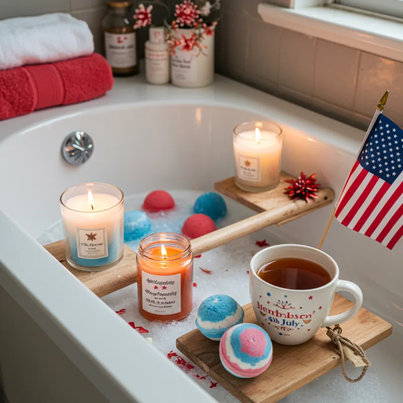 A serene personal spa day scene for the 4th of July, featuring a relaxing bath with red, white, and blue bath bombs, candles, and herbal tea, emphasizing quiet unwinding and self-pampering.