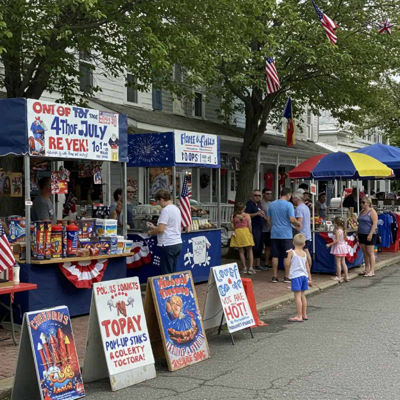 A vibrant scene of 4th of July pop-up stands in a small American town, featuring fireworks, food, and patriotic merchandise vendors, with happy families and visitors, conveying community celebration and temporary economic prosperity.