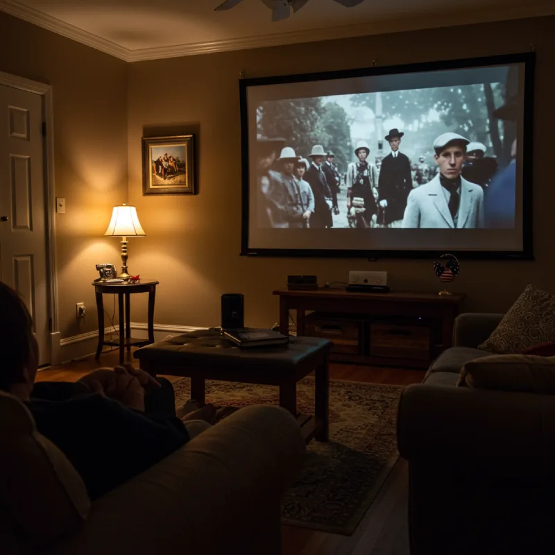 A contemplative scene of a person quietly watching a meaningful film or documentary about freedom on the 4th of July, in a cozy indoor setting with subtle patriotic decor, conveying introspection and nuanced patriotism.