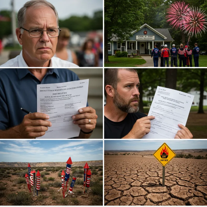 A composite image illustrating challenges for small towns hosting 4th of July: a worried official with a firework invoice, a scene of safety concerns with emergency services, and a dry landscape with a wildfire warning, conveying rising costs, safety, and weather risks.