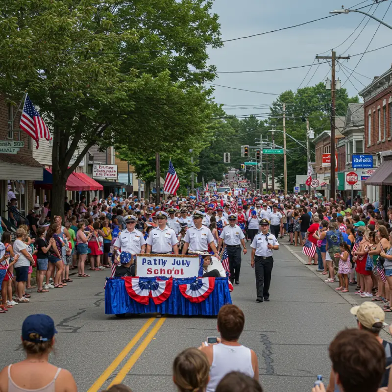A vibrant 4th of July parade in a small American town, featuring colorful floats, marching bands, local groups, and happy crowds waving flags, conveying community pride, unity, and a lively, festive atmosphere.