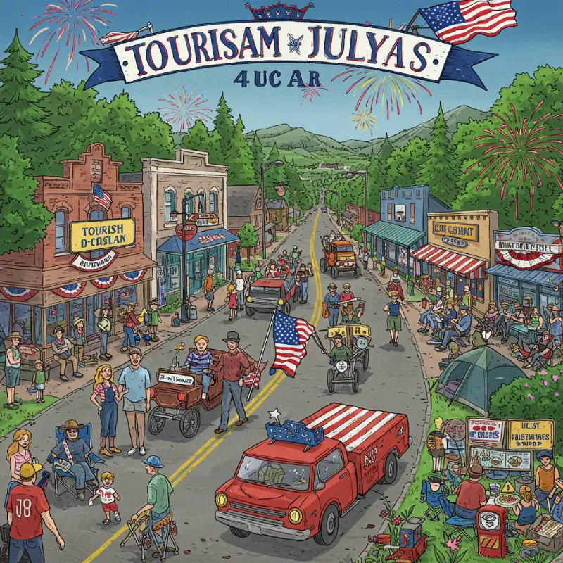 A vibrant scene of a small American town bustling with diverse tourists during 4th of July celebrations, enjoying parades, fireworks, and barbecues. Shows local businesses like hotels, restaurants, shops, and gas stations benefiting, with natural beauty in the background, conveying economic boost and a friendly atmosphere.