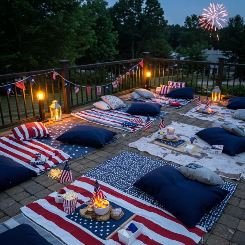 A cozy outdoor 'front row' setup for 4th of July VIP fireworks viewing, featuring comfortable blankets, plush lawn chairs, personal snack boxes, small American flags, and a distant blurred fireworks display at dusk, conveying intimacy and relaxation.