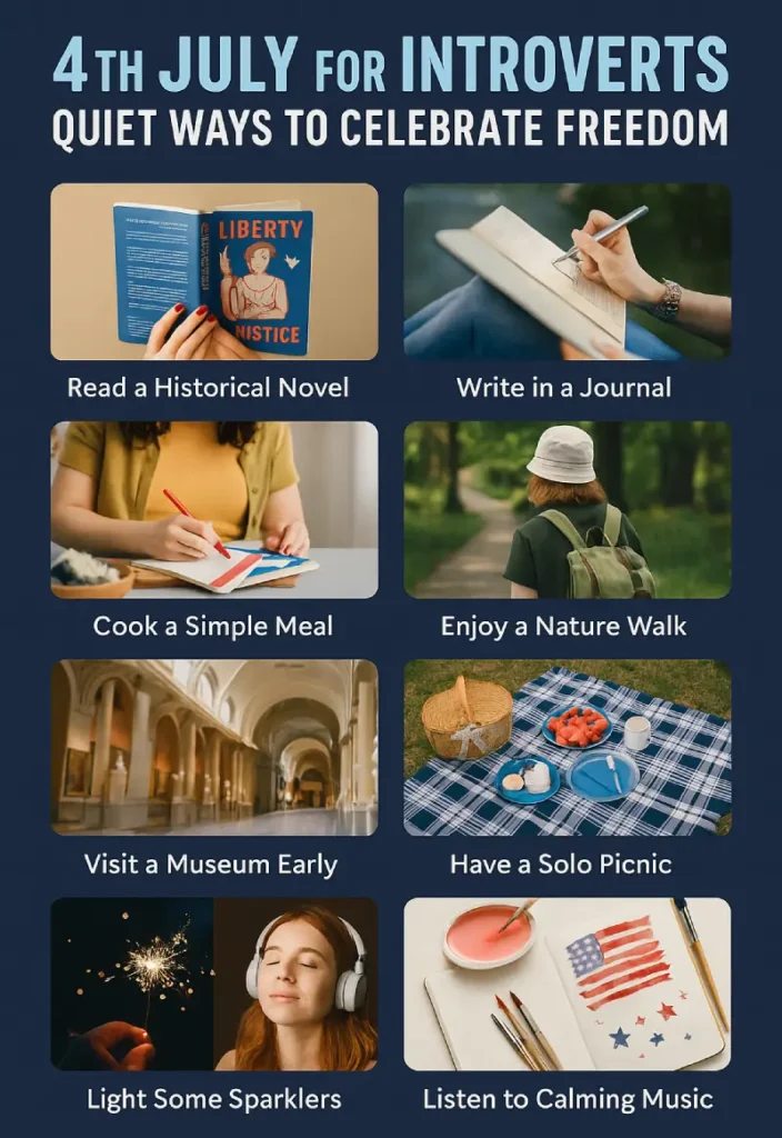Infographic showing 9 quiet and peaceful 4th of July celebration ideas for introverts, including reading, stargazing, nature walks, and journaling.