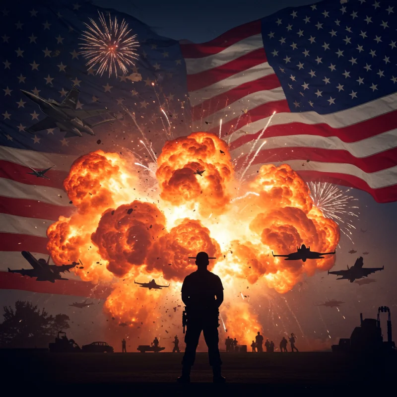 Action-packed montage of 1980s-90s Hollywood 4th of July scenes: massive explosion, military jets with fireworks, heroic silhouette, American flags. Emphasizes spectacle, good vs evil, and heroic nationalism.
