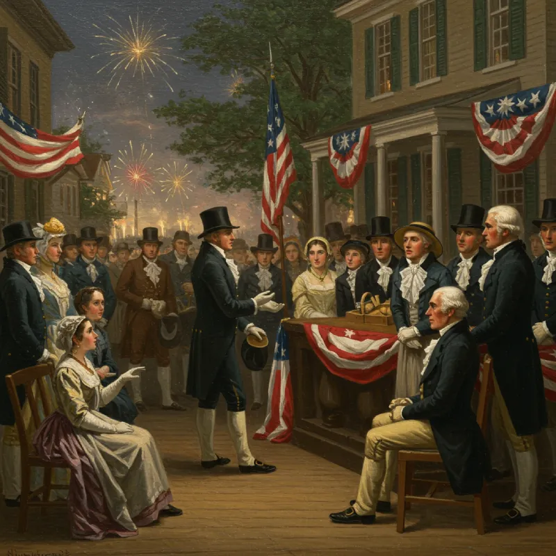 Historical painting depicting a formal 19th-century Fourth of July celebration in an American town, showing citizens gathered, listening to an orator, with subtle signs of early cannon salutes or simple fireworks in the background, reflecting a reverent and patriotic mood.