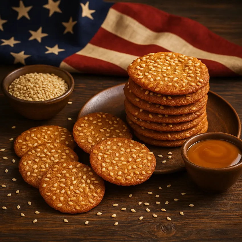 A plate of freshly baked golden brown Benne Wafers made with sesame seeds, a Southern cookie with African heritage