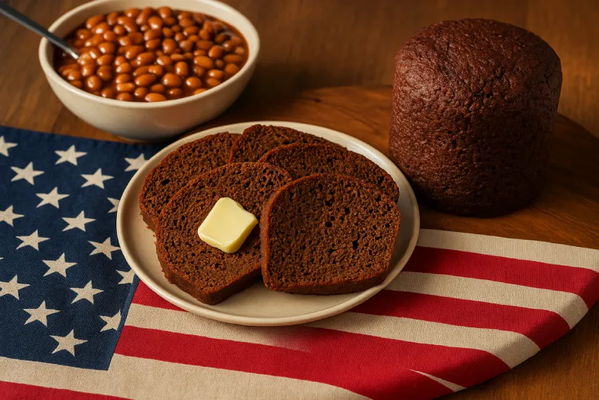 A traditional loaf of Boston brown bread sliced and served on a rustic wooden table with molasses and raisins, representing historic American cuisine.
