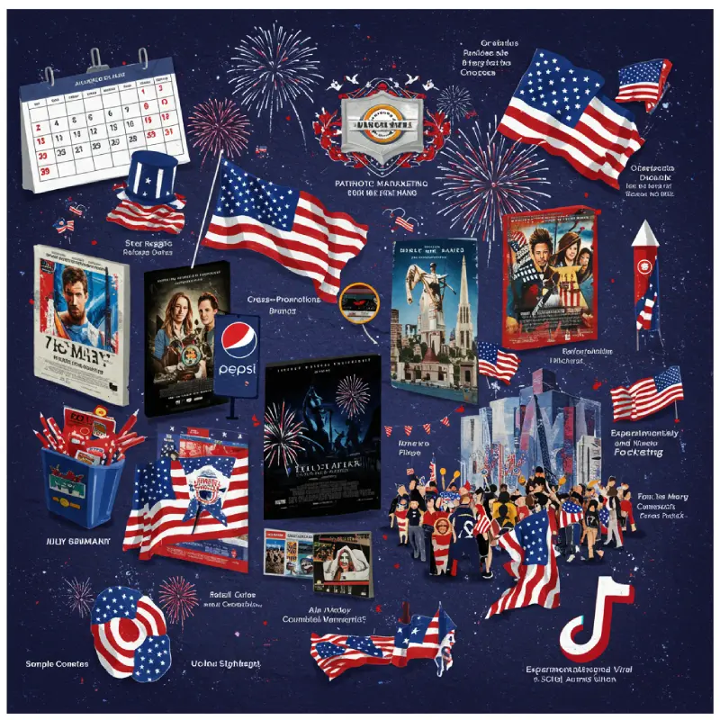 Illustration of Hollywood studios' July 4th branding strategies, showing strategic release dates, patriotic movie marketing, cross-promotions with brands and military, and experiential social media campaigns.