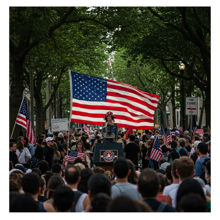 Anti-U.S. demonstrations and protests during July 4th celebrations in countries like Iran, North Korea, Venezuela, or parts of the Middle East, showing flags, propaganda, or media portraying U.S. Independence Day critically.
