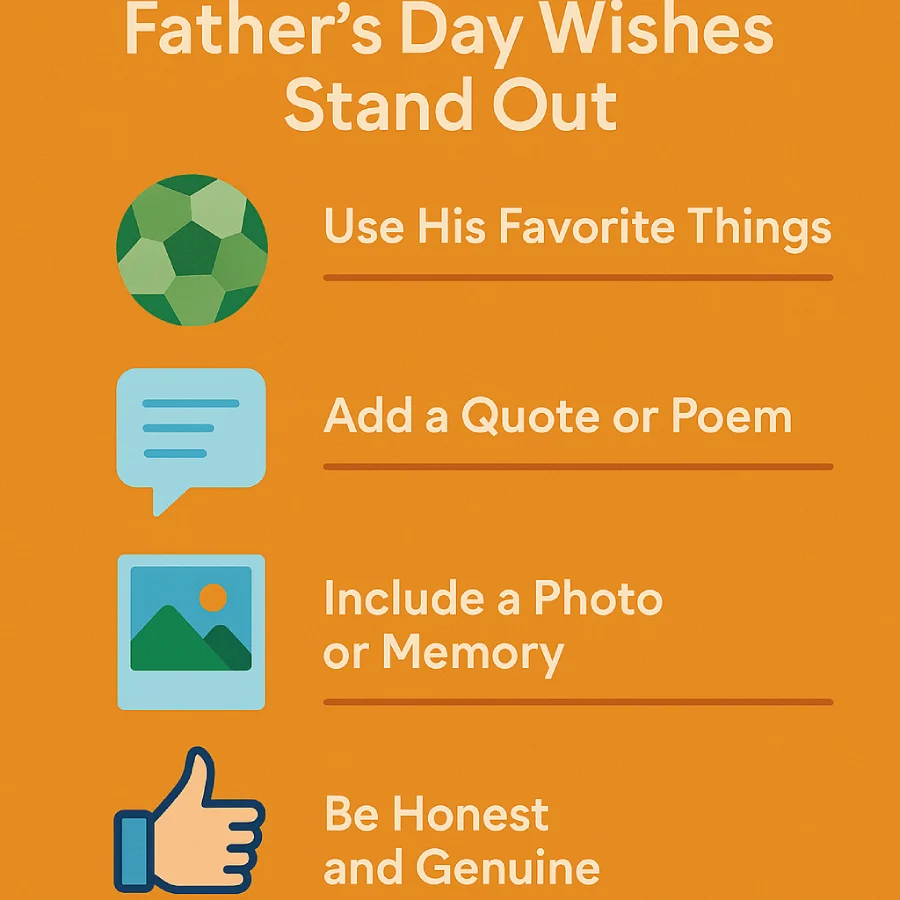 Infographic titled “Tips for Making Your Father’s Day Wishes Stand Out” showing four practical tips with colorful icons on an orange background.
