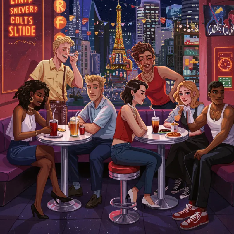 Illustration of diverse group of young adults enjoying burgers, pizza, and sodas at a retro American-style diner abroad with city lights and Eiffel Tower in the background