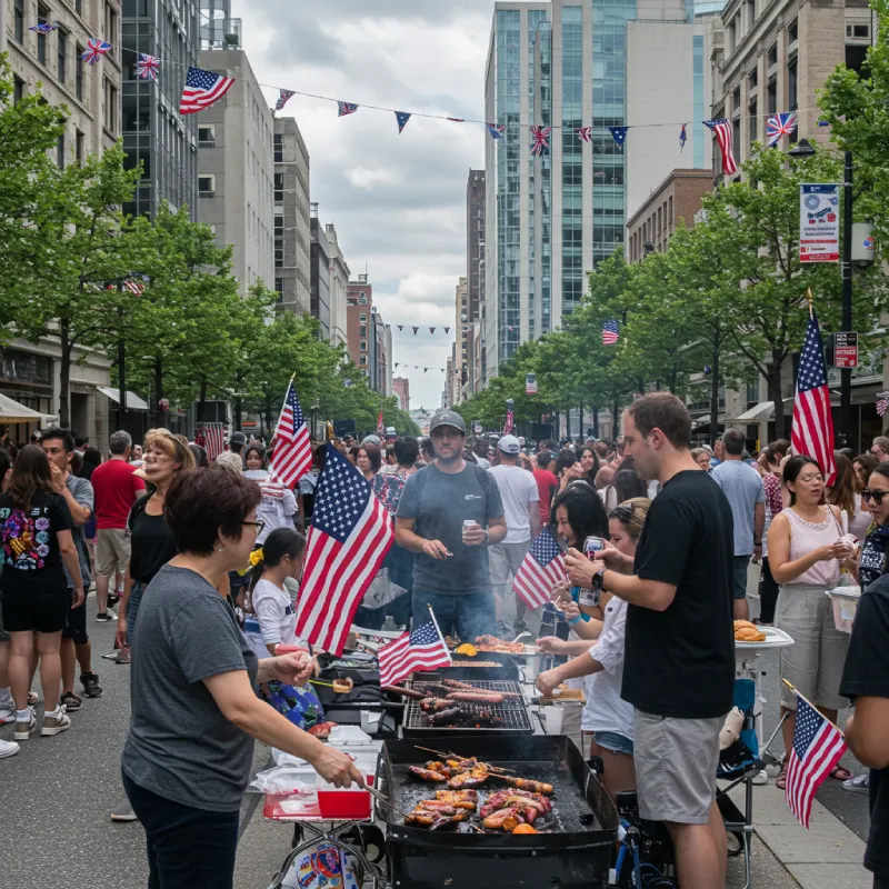 Crowd celebrating American Independence Day with U.S. flags, barbecue grills, and food stands on a city street lined with tall buildings and festive bunting