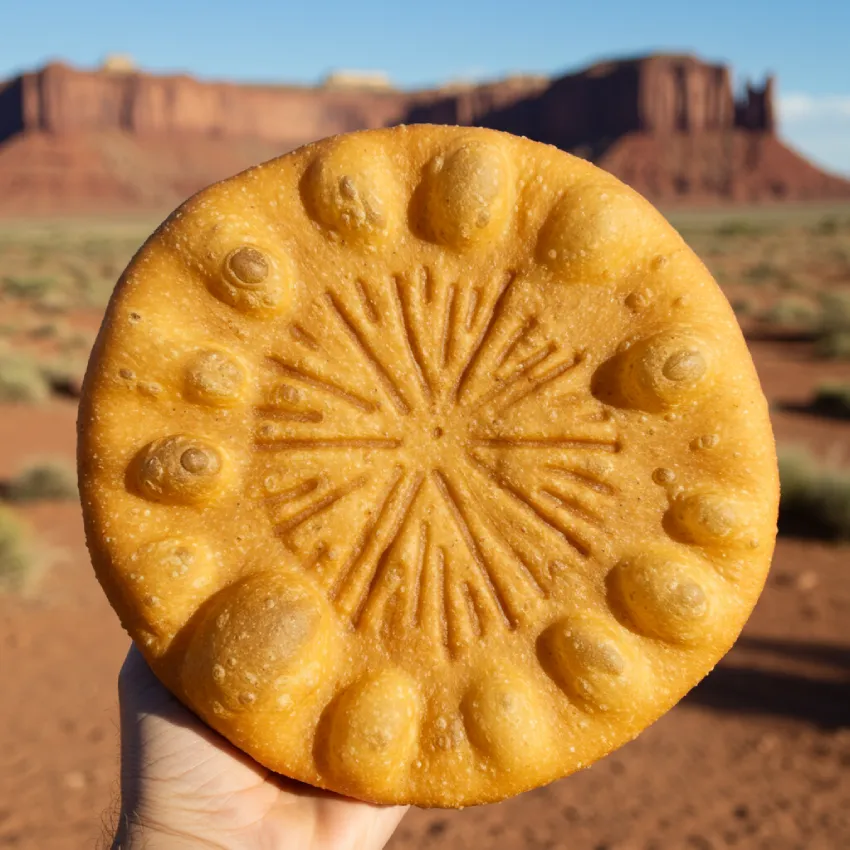 Close-up of golden Navajo Frybread with traditional patterns, softly blurred Southwest desert background. Symbolizes Indigenous cultural continuity and resilience.