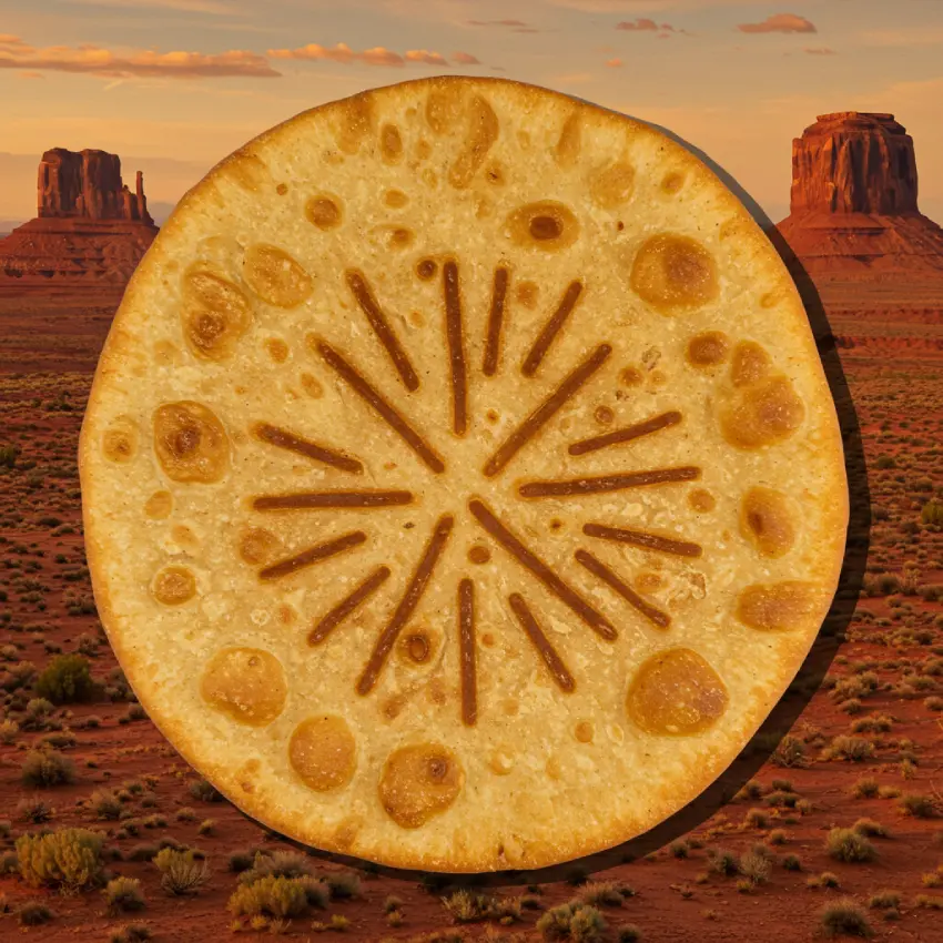 Golden-brown Navajo Frybread, a symbol of Native American resilience, with subtle traditional patterns against a Southwest desert landscape, conveying cultural significance and warmth.