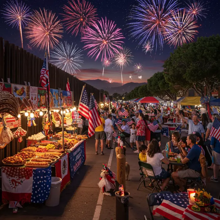 American and Mexican families celebrating the Fourth of July at a festive night market with fireworks, food stalls, U.S. flags, and patriotic decorations