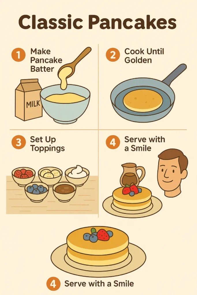Infographic showing how to make pancakes step-by-step and set up a topping bar for Father’s Day breakfast