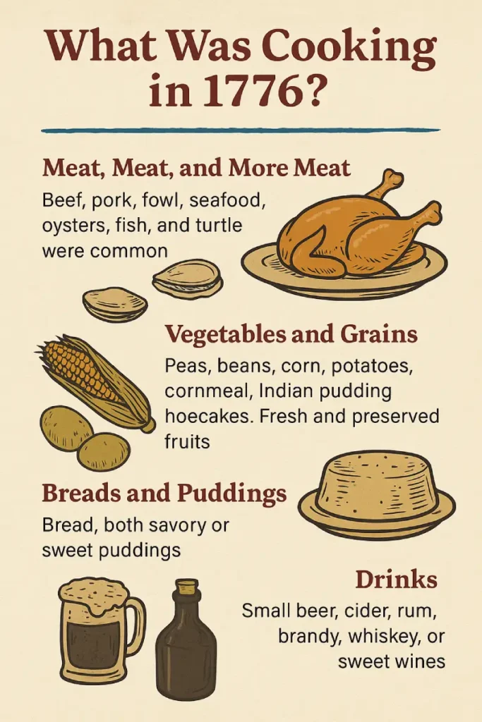 Infographic showing common colonial American foods from 1776, including roasted meat, corn, potatoes, puddings, and drinks like cider and small beer.