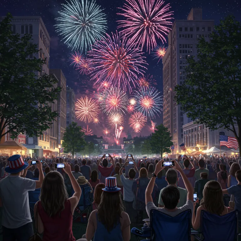 Contemporary illustration of a 2000s+ Fourth of July celebration, showing people capturing large-scale synchronized fireworks displays on smartphones, reflecting digital connectivity, personalized patriotism, and subtle security measures.
