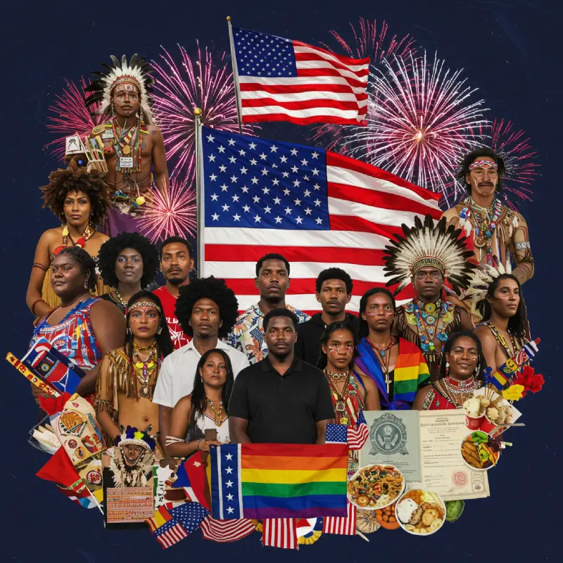 A vibrant digital illustration collage showing diverse Americans (Black, Indigenous, immigrant, LGBTQ+) celebrating July 4th. They stand together under fireworks and an American flag, with symbols like Juneteenth and Pride flags, traditional Indigenous regalia, a naturalization certificate, and multicultural foods, conveying reflective unity through diversity.