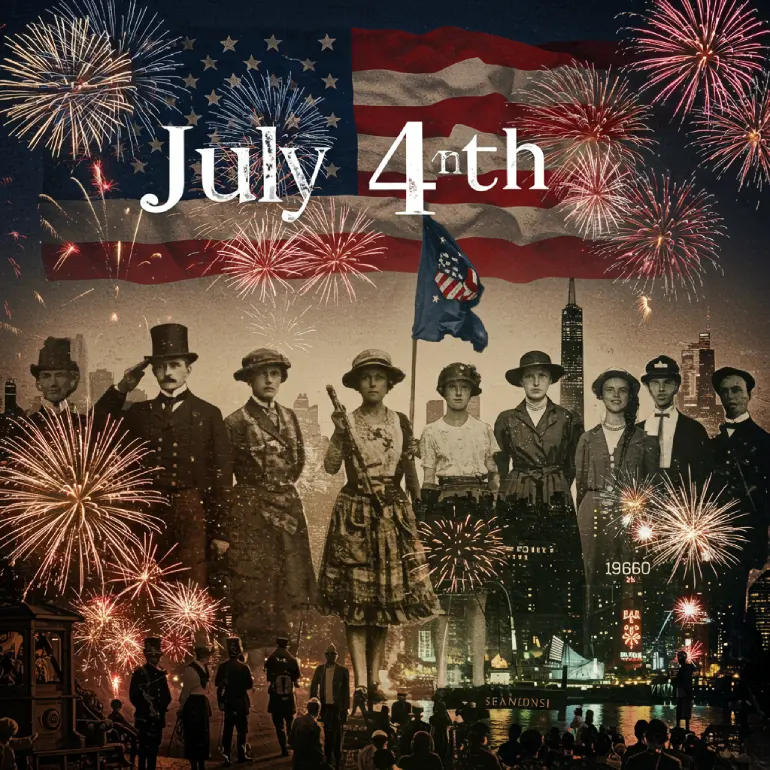 Composite historical illustration showing the evolving spirit of July 4th, subtly blending elements from the 1800s, 1920s, 1960s, and 2000s, with fireworks as a continuous theme, symbolizing freedom, community, and identity.