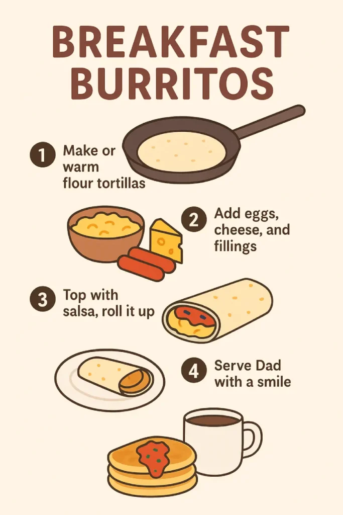 2D infographic showing steps to make a breakfast burrito, from warming tortillas to adding fillings and serving