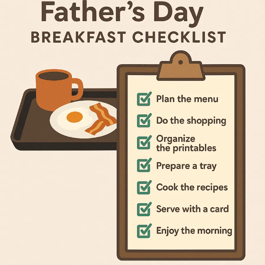 Illustrated Father’s Day checklist with breakfast tray and clipboard showing steps like planning, shopping, and serving breakfast