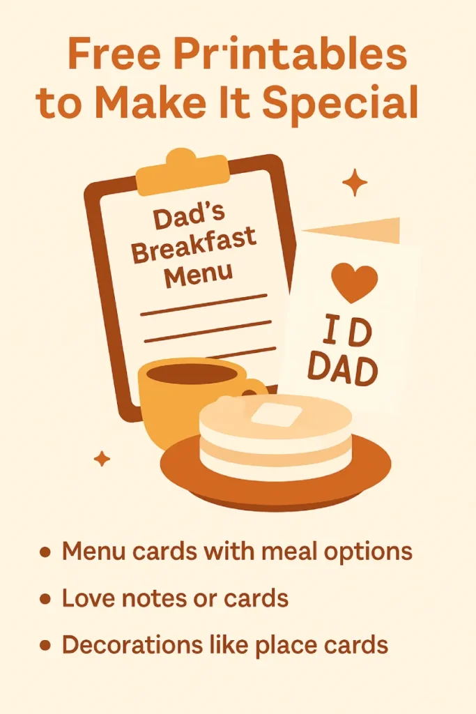 2D infographic with a breakfast menu clipboard, love note card, and pancakes, highlighting printable ideas for Father’s Day