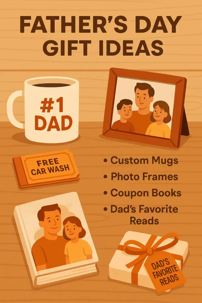 Infographic with a #1 Dad mug, photo frame, coupon book, and gift-wrapped book labeled “Dad’s Favorite Reads,” alongside a gift idea list