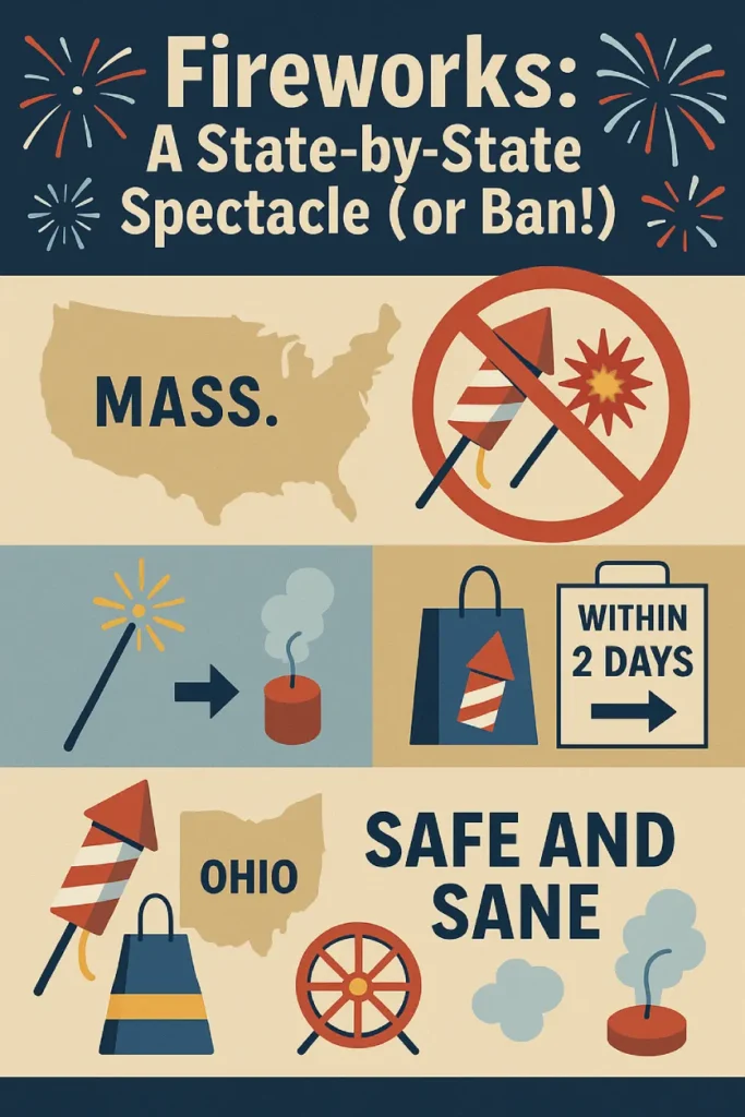 Infographic showing U.S. state fireworks laws for July 4th, including bans, safe and sane fireworks, and Ohio's 2-day rule