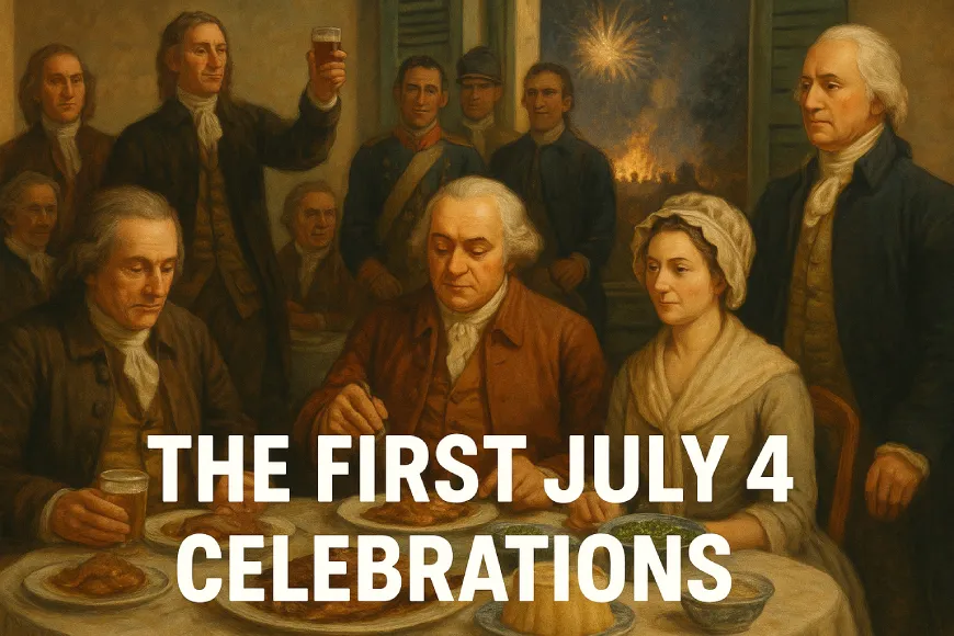 Historical painting showing Founding Fathers, including John and Abigail Adams, dining and celebrating the first July 4th with toasts, fireworks, and community.