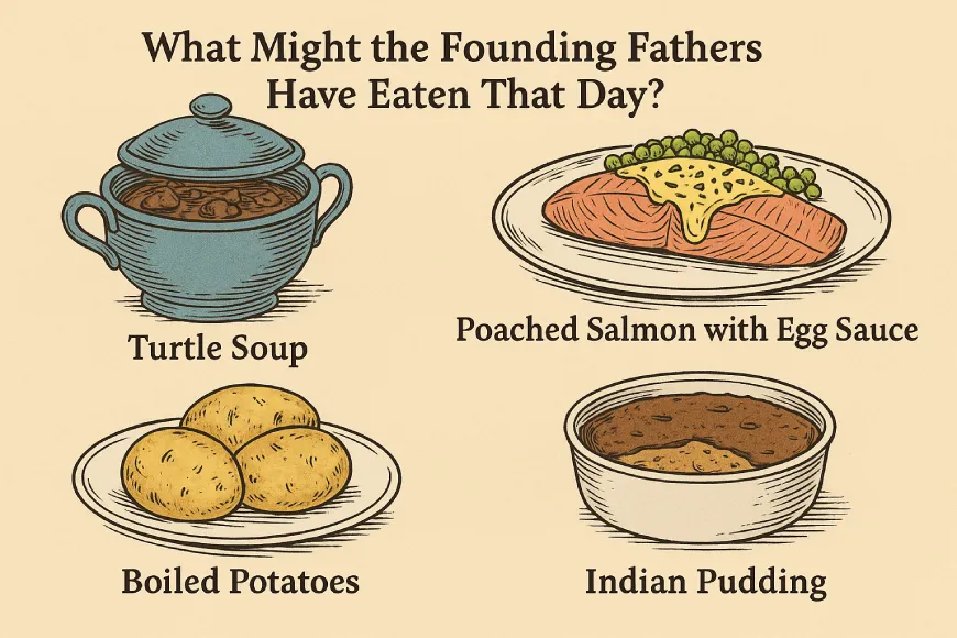 Illustration of colonial dishes likely eaten by the Founding Fathers on July 4, 1776, including turtle soup, poached salmon with egg sauce, boiled potatoes, and Indian pudding.