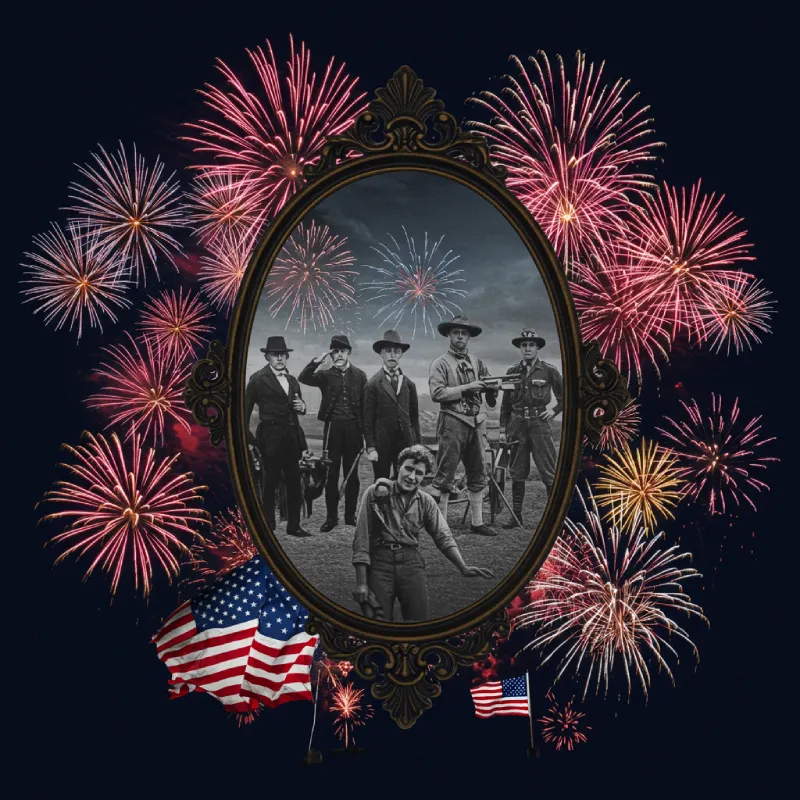 Conceptual illustration depicting the Fourth of July as a cultural mirror, blending iconic elements from the 1800s, 1920s, 1960s, and 2000s+, with evolving fireworks, symbolizing America's evolving soul and national identity.