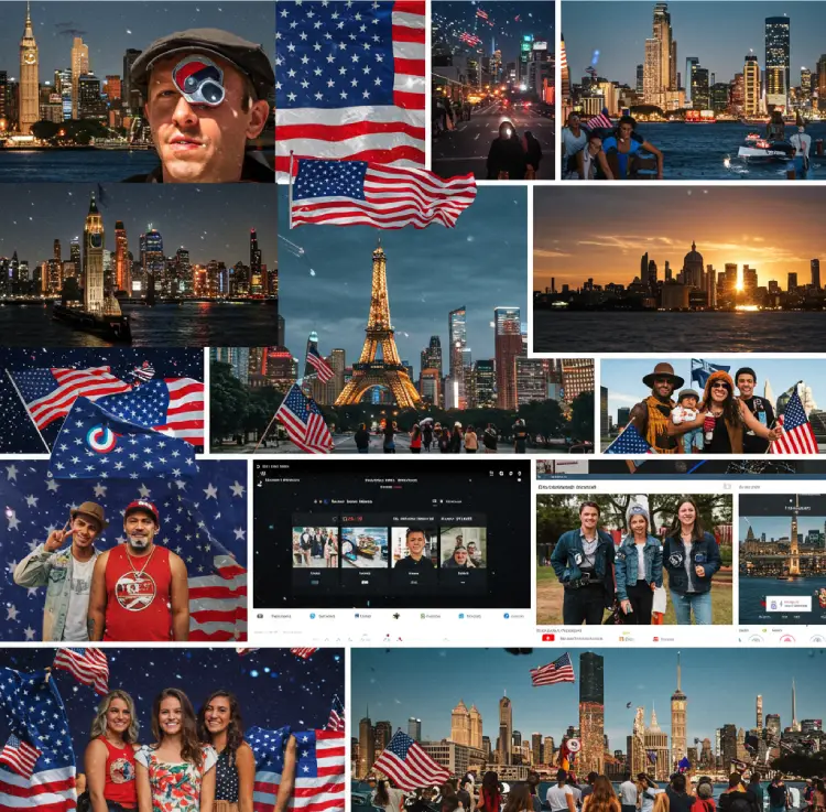 Collage of international and digital Fourth of July celebrations with American flags, fireworks, global city skylines, TikTok and YouTube screens, and people in patriotic outfits.